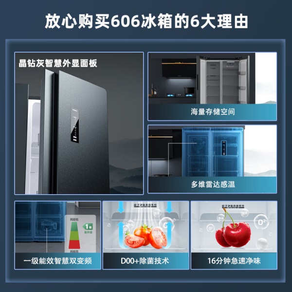 康佳（KONKA）606升智能双变频一级能效风冷无霜除菌净味超大容量对开双开门家用电冰箱BCD-606WEGQ5SP晶钻灰