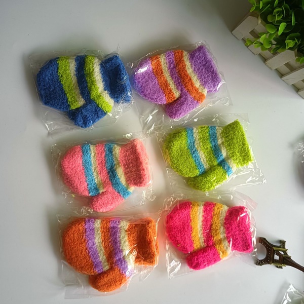 跨境秋冬季男女儿童款半边绒条纹手套可爱连指保暖毛巾包指手套